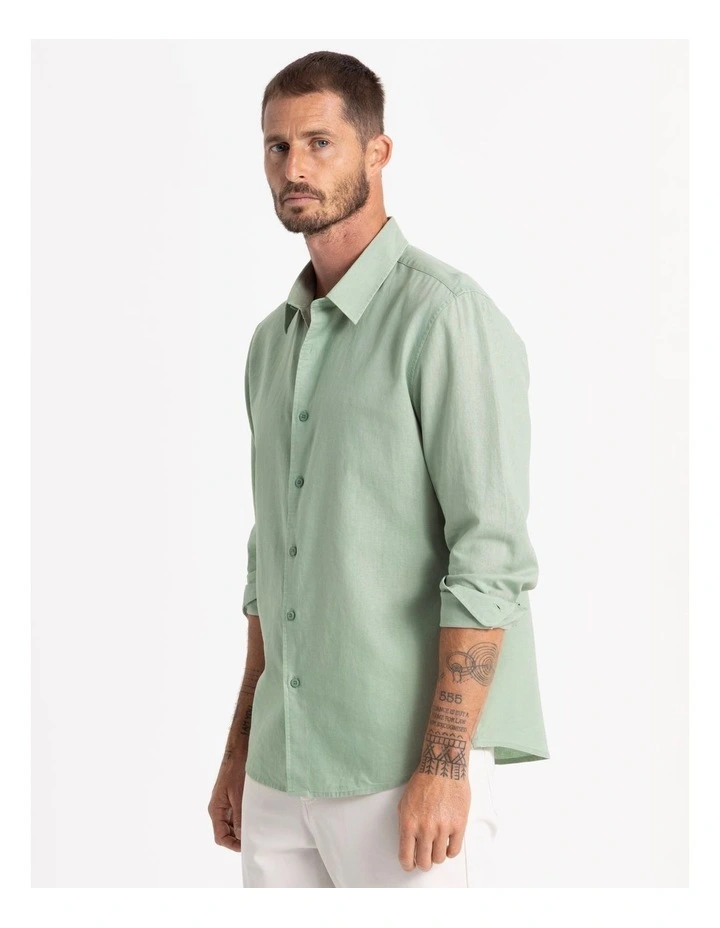 Long Sleeve Linen Blend Shirt in Light Green image 2
