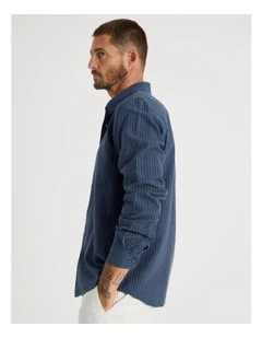 Long Sleeve Linen Blend Striped Shirt in Navy