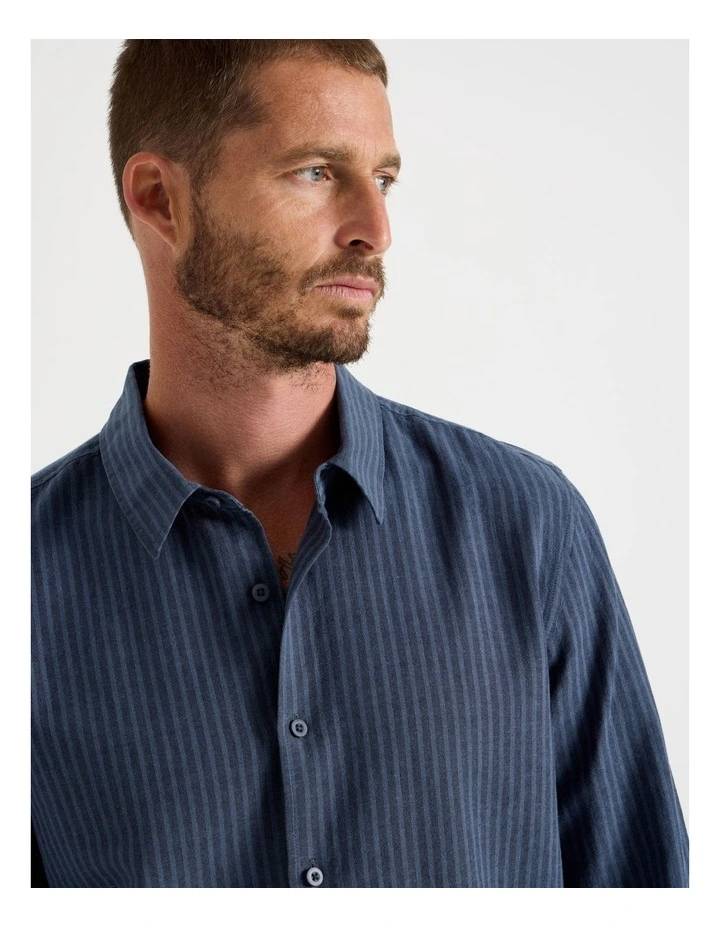 Long Sleeve Linen Blend Striped Shirt in Navy image 2