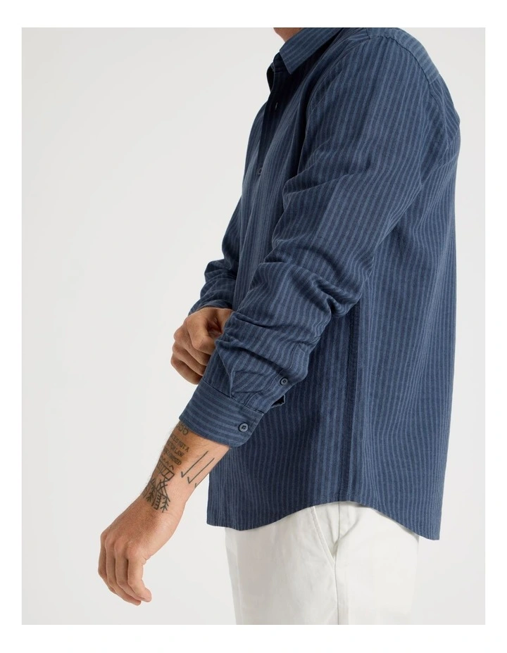 Long Sleeve Linen Blend Striped Shirt in Navy image 4
