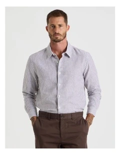 Long Sleeve Linen Blend Striped Shirt in Chocolate