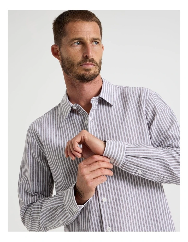 Long Sleeve Linen Blend Striped Shirt in Chocolate image 2