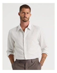 Long Sleeve Linen Blend Check Shirt in White
