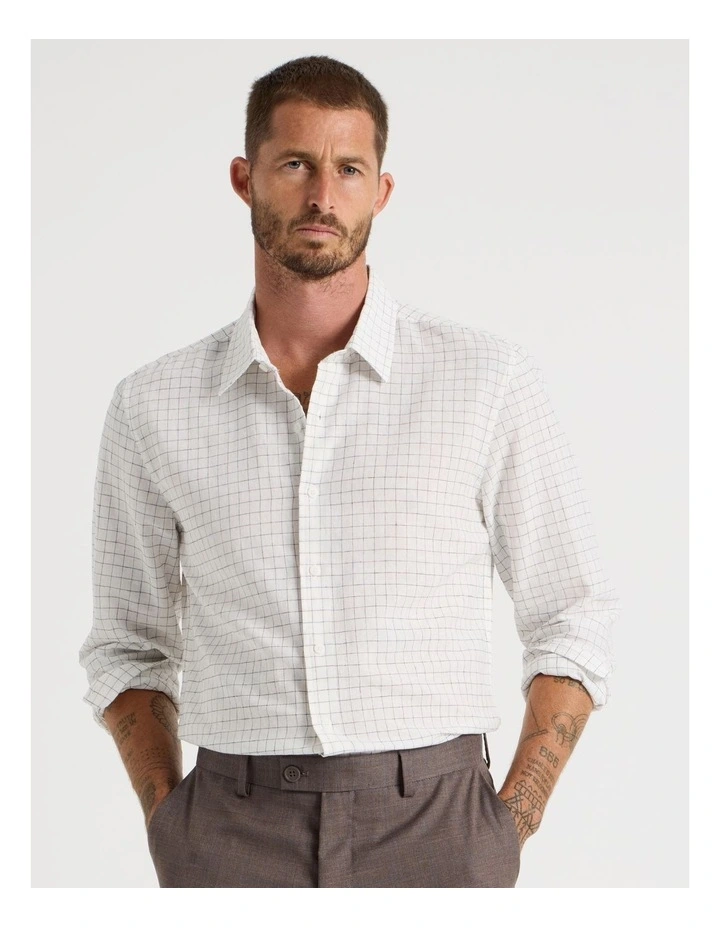 Long Sleeve Linen Blend Check Shirt in White image 1
