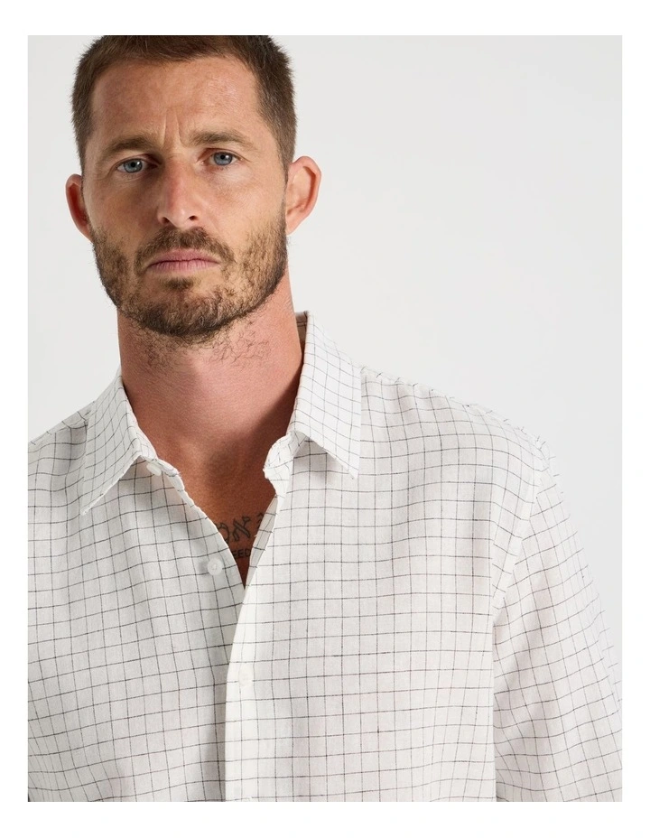 Long Sleeve Linen Blend Check Shirt in White image 2