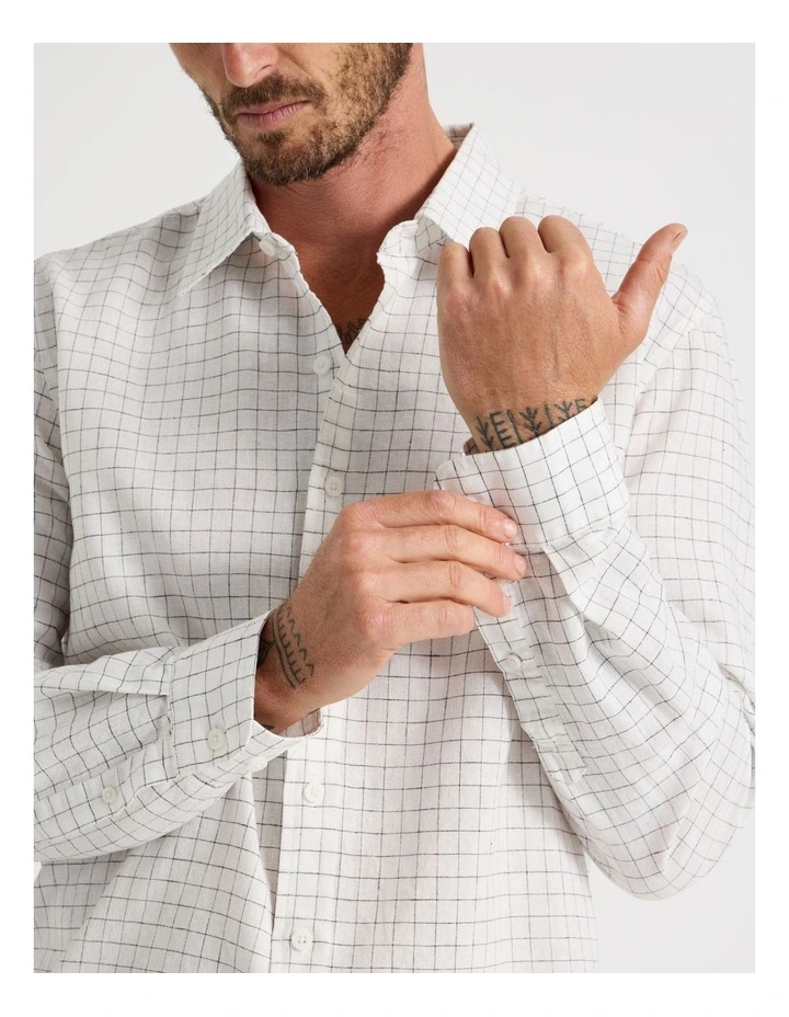 Long Sleeve Linen Blend Check Shirt in White image 4