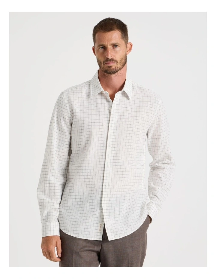 Long Sleeve Linen Blend Check Shirt in White image 5