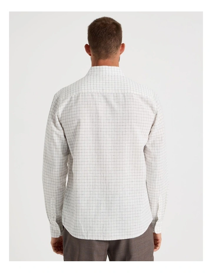 Long Sleeve Linen Blend Check Shirt in White image 6