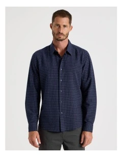 Long Sleeve Linen Blend Check Shirt in Navy