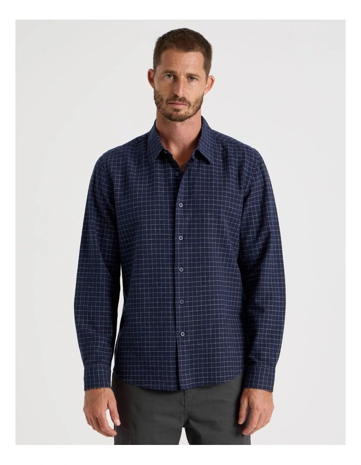 Long Sleeve Linen Blend Check Shirt in Navy image 1