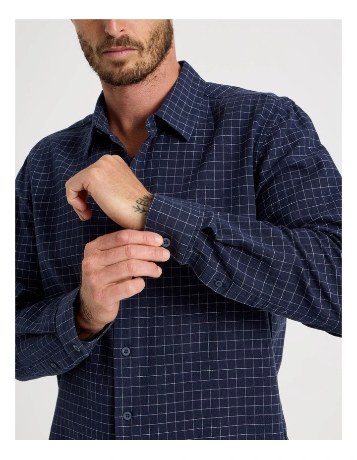 Long Sleeve Linen Blend Check Shirt in Navy image 2