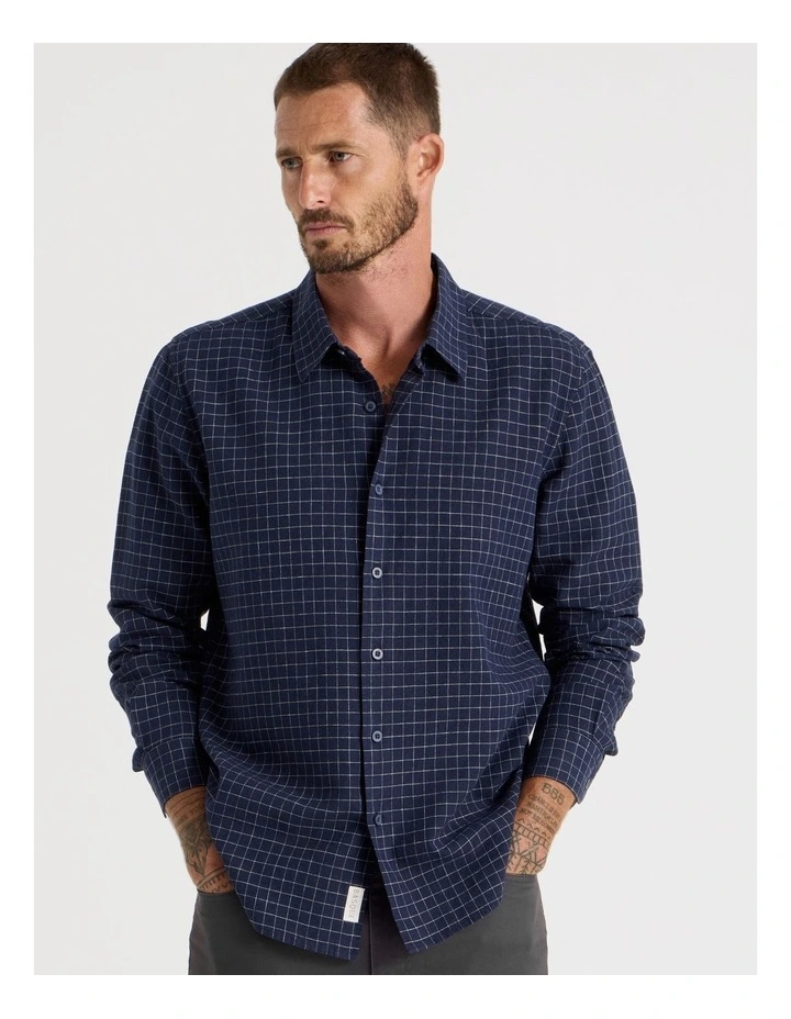 Long Sleeve Linen Blend Check Shirt in Navy image 3