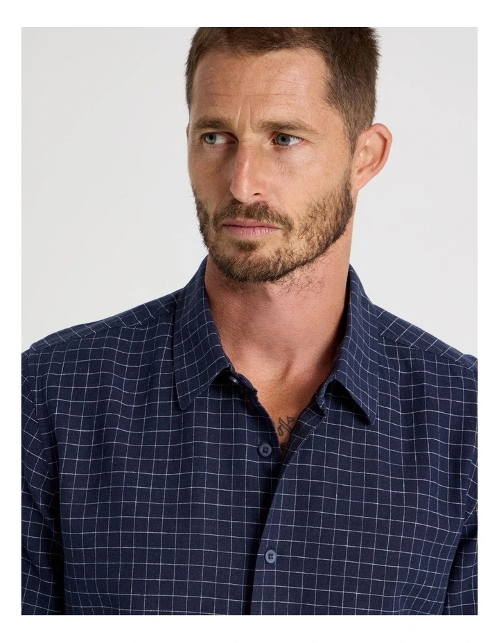 Long Sleeve Linen Blend Check Shirt in Navy image 4