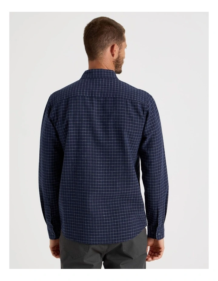 Long Sleeve Linen Blend Check Shirt in Navy image 6