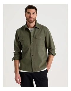 Drill Overshirt With Stud Buttons in Olive