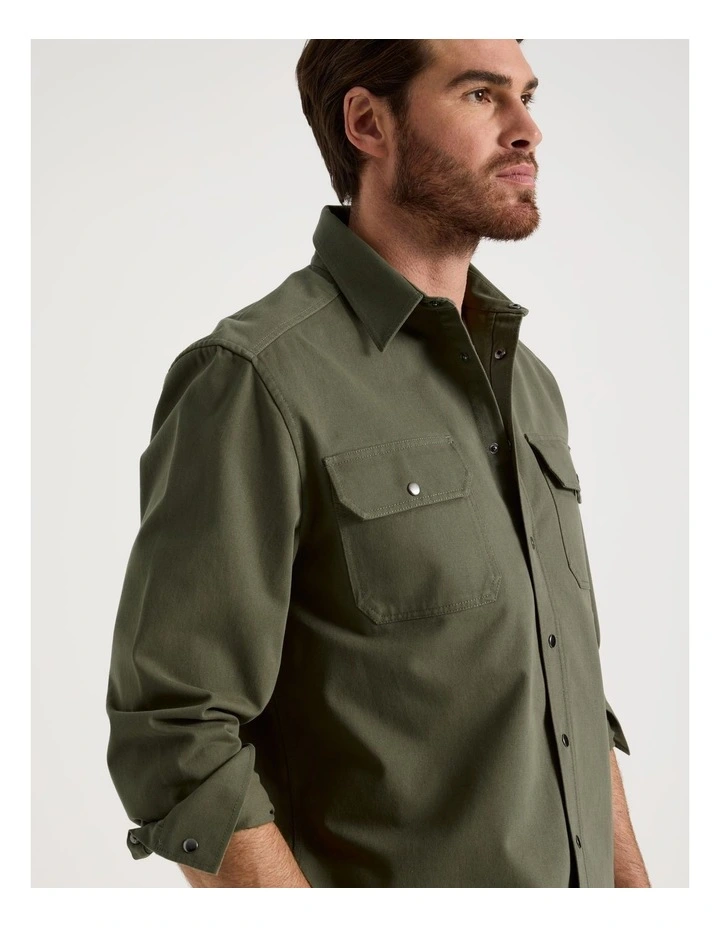 Drill Overshirt With Stud Buttons in Olive image 2