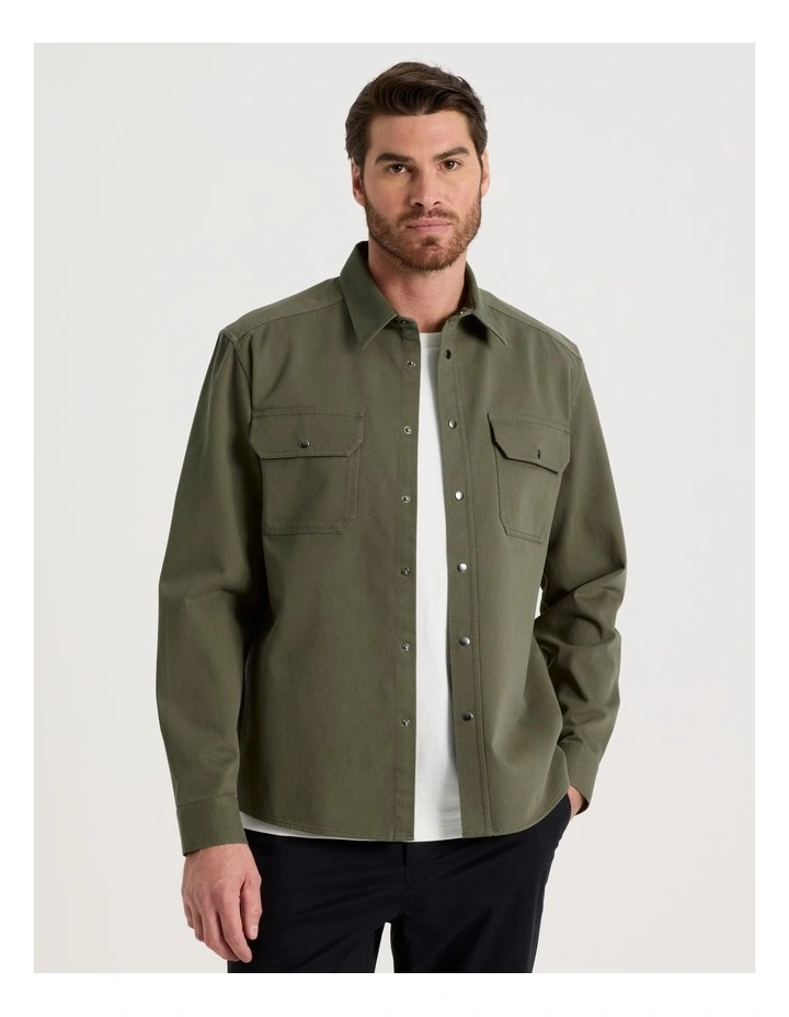 Drill Overshirt With Stud Buttons in Olive image 5