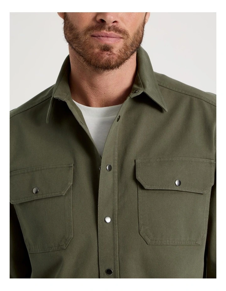 Drill Overshirt With Stud Buttons in Olive image 7