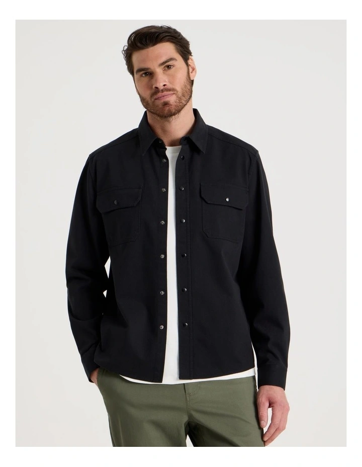 Drill Overshirt With Stud Buttons in Black image 1