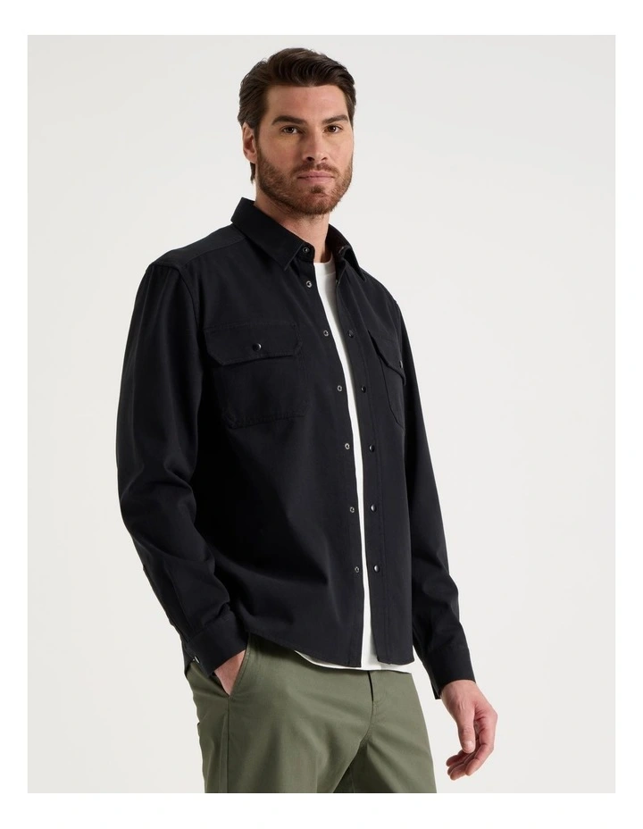 Drill Overshirt With Stud Buttons in Black image 3