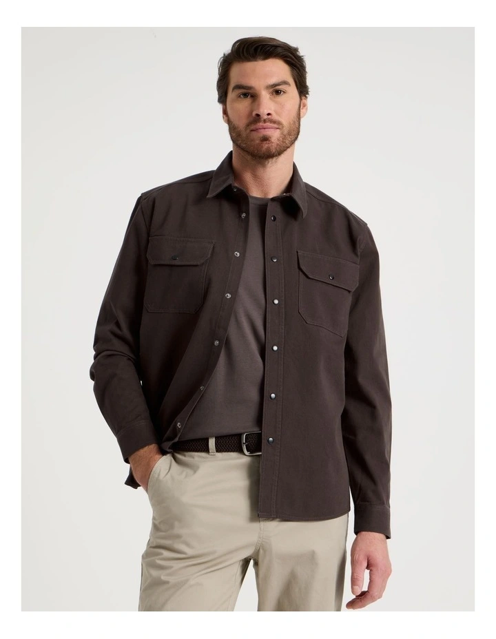 Drill Overshirt With Stud Buttons in Brown image 1