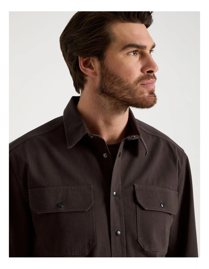Drill Overshirt With Stud Buttons in Brown image 2