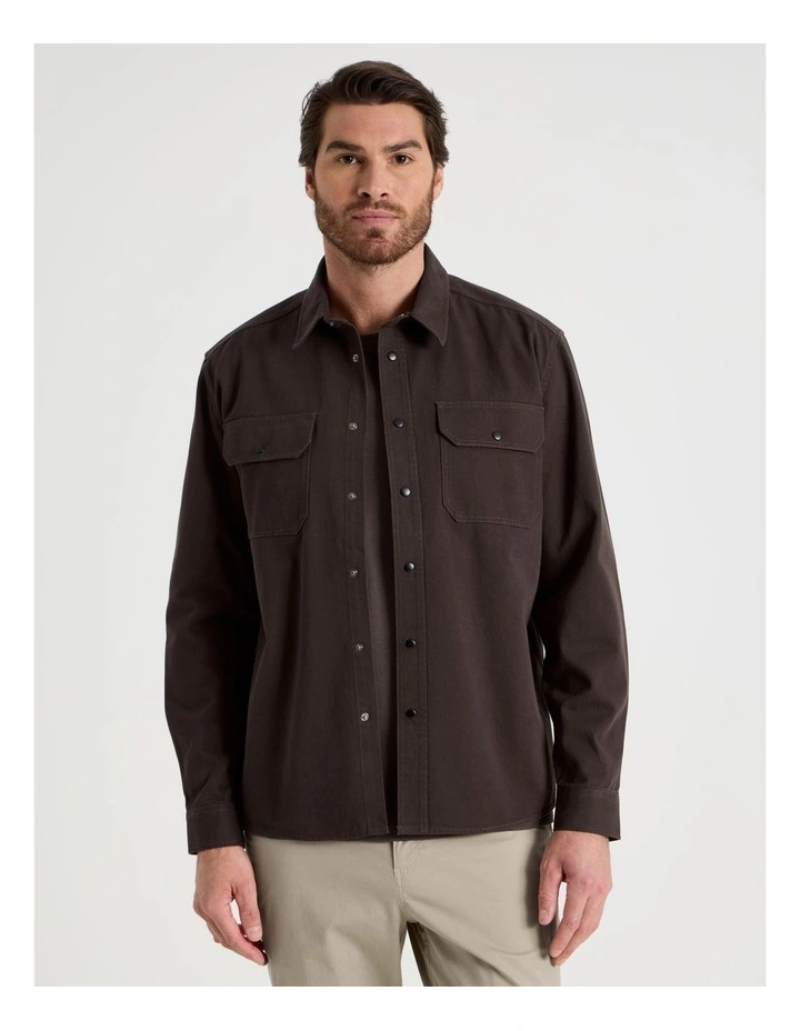 Drill Overshirt With Stud Buttons in Brown image 3