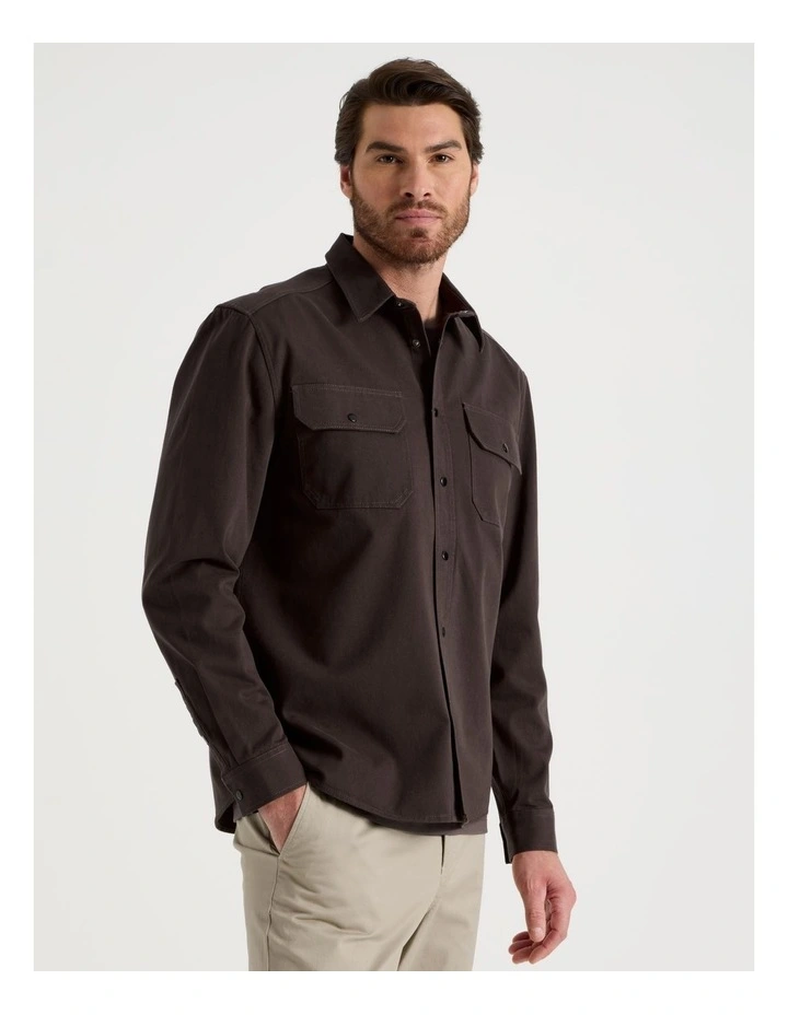 Drill Overshirt With Stud Buttons in Brown image 5