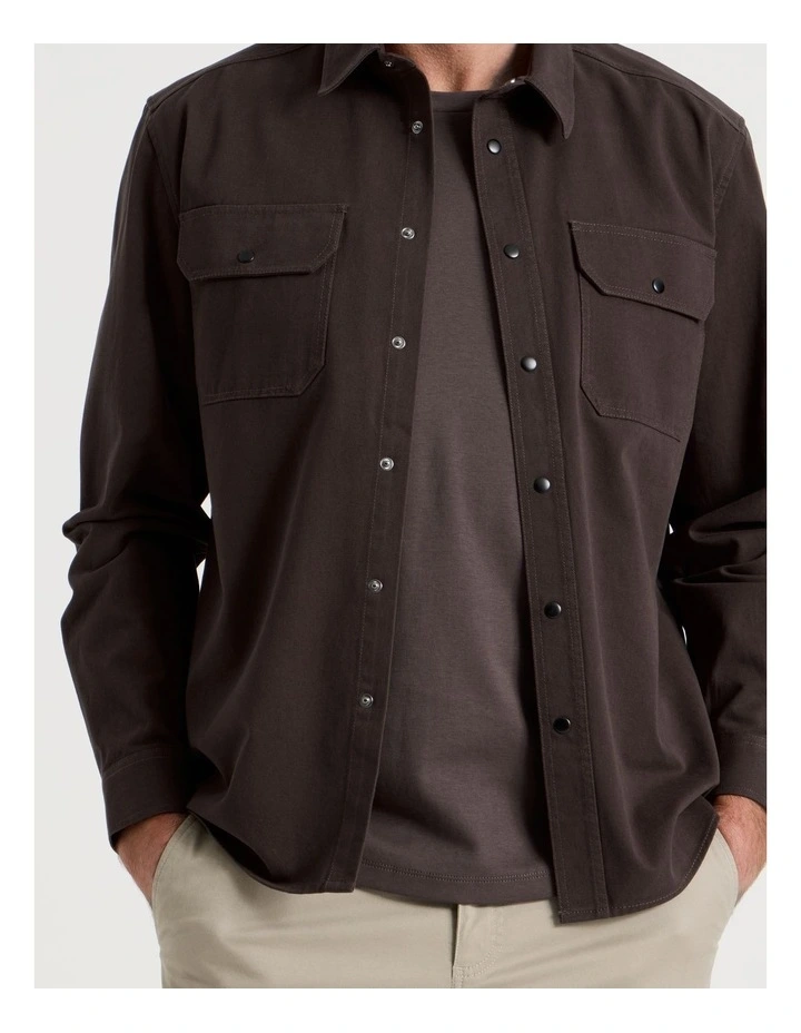 Drill Overshirt With Stud Buttons in Brown image 7