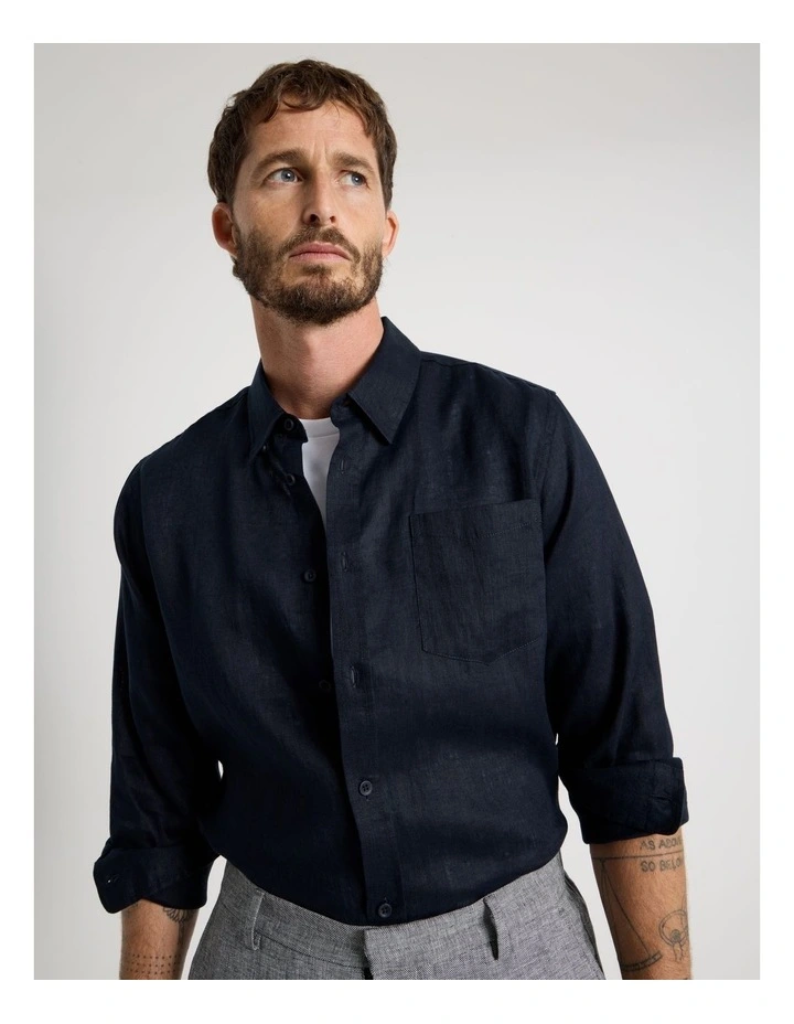 Long Sleeve Linen Shirt in Navy image 2