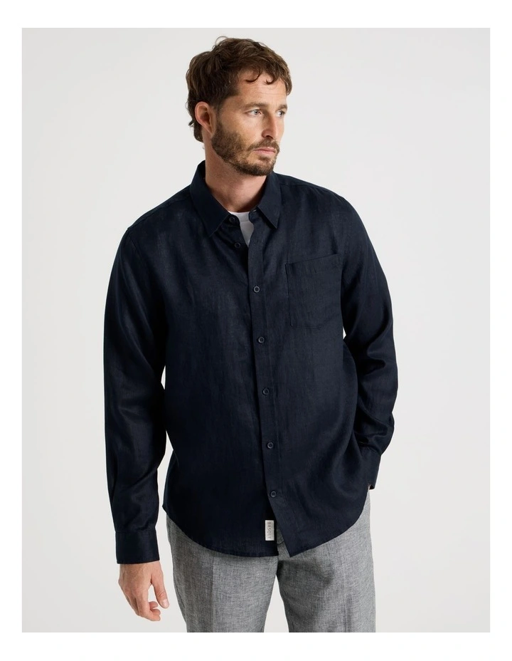 Long Sleeve Linen Shirt in Navy image 4