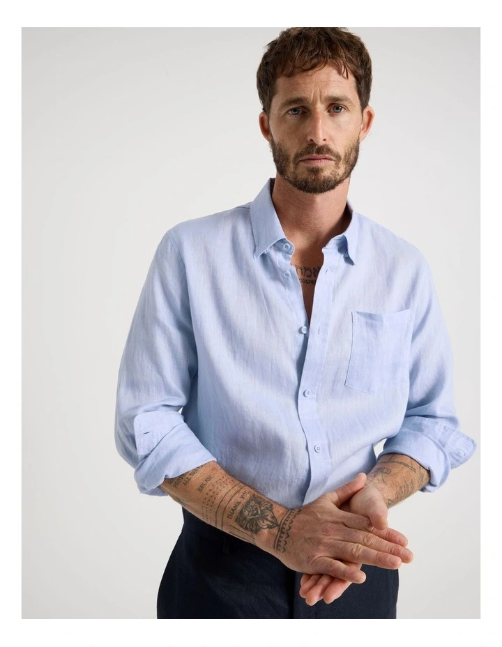 Long Sleeve Linen Shirt in Blue image 2