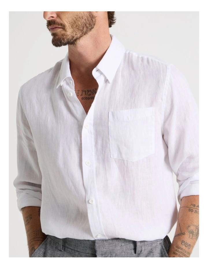 Long Sleeve Linen Shirt in White image 3