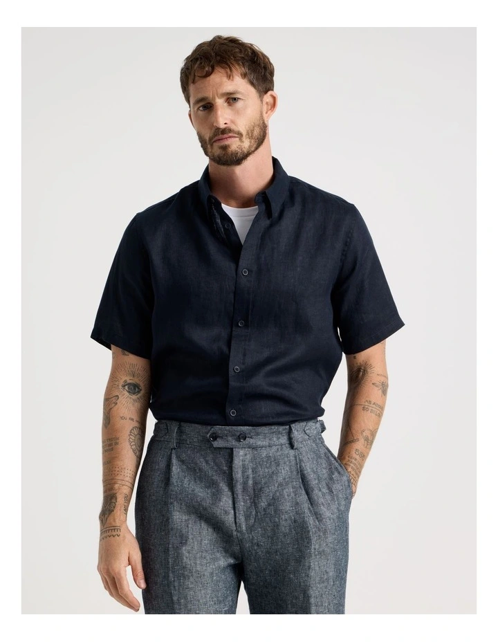 Short Sleeve Linen Shirt in Navy image 1