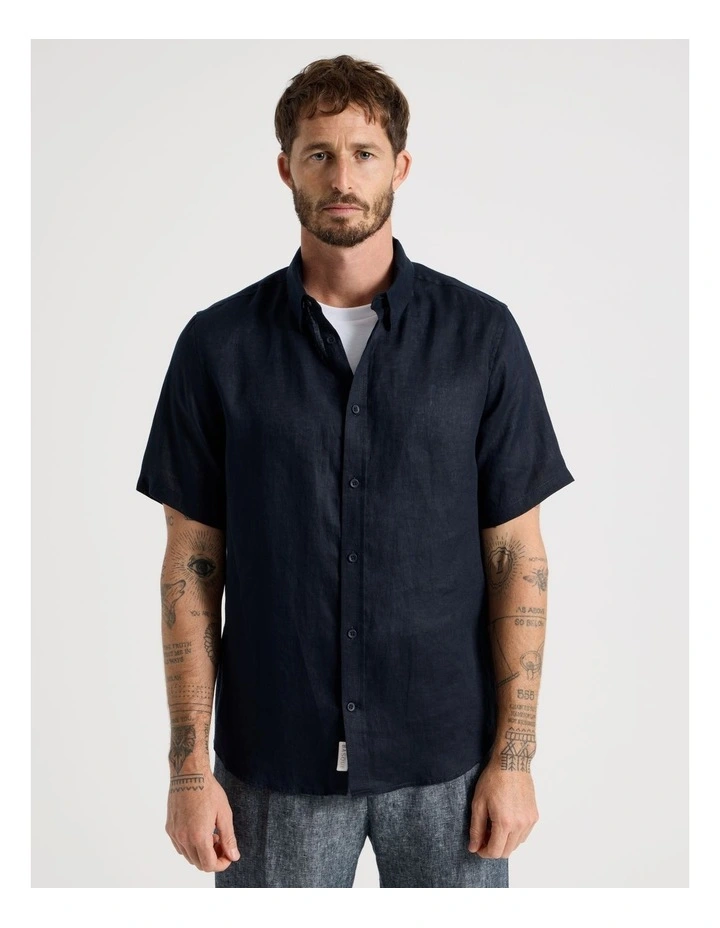 Short Sleeve Linen Shirt in Navy image 4