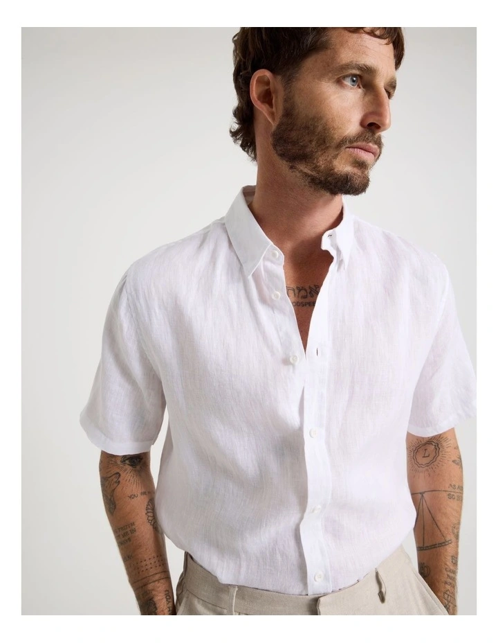 Short Sleeve Linen Shirt in White image 2
