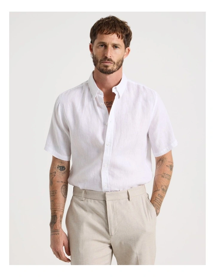 Short Sleeve Linen Shirt in White image 4