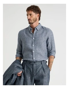 Long Sleeve Linen Shirt in Indigo Stripe