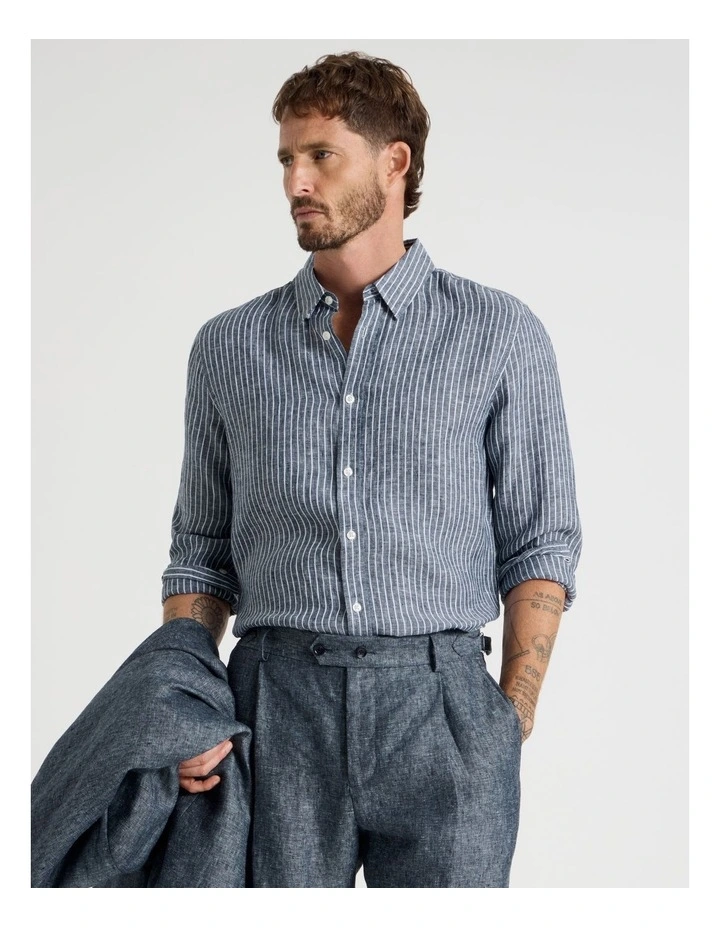 Long Sleeve Linen Shirt in Indigo Stripe image 1