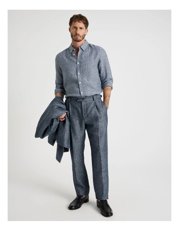 Long Sleeve Linen Shirt in Indigo Stripe image 2