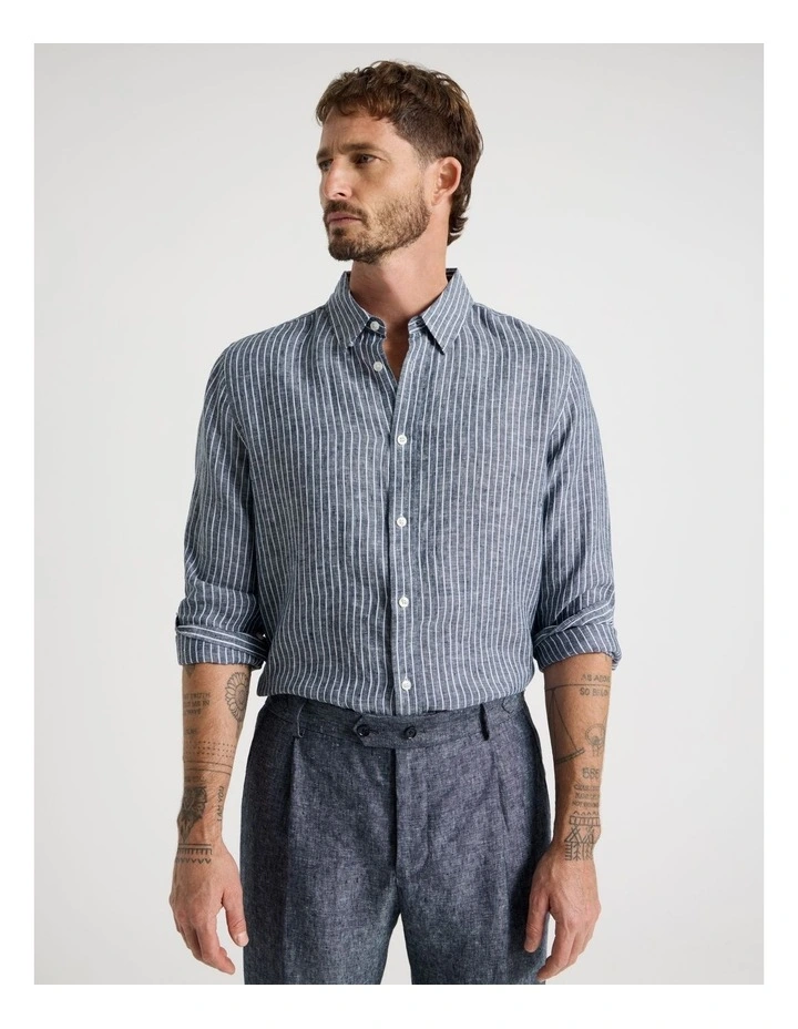 Long Sleeve Linen Shirt in Indigo Stripe image 3