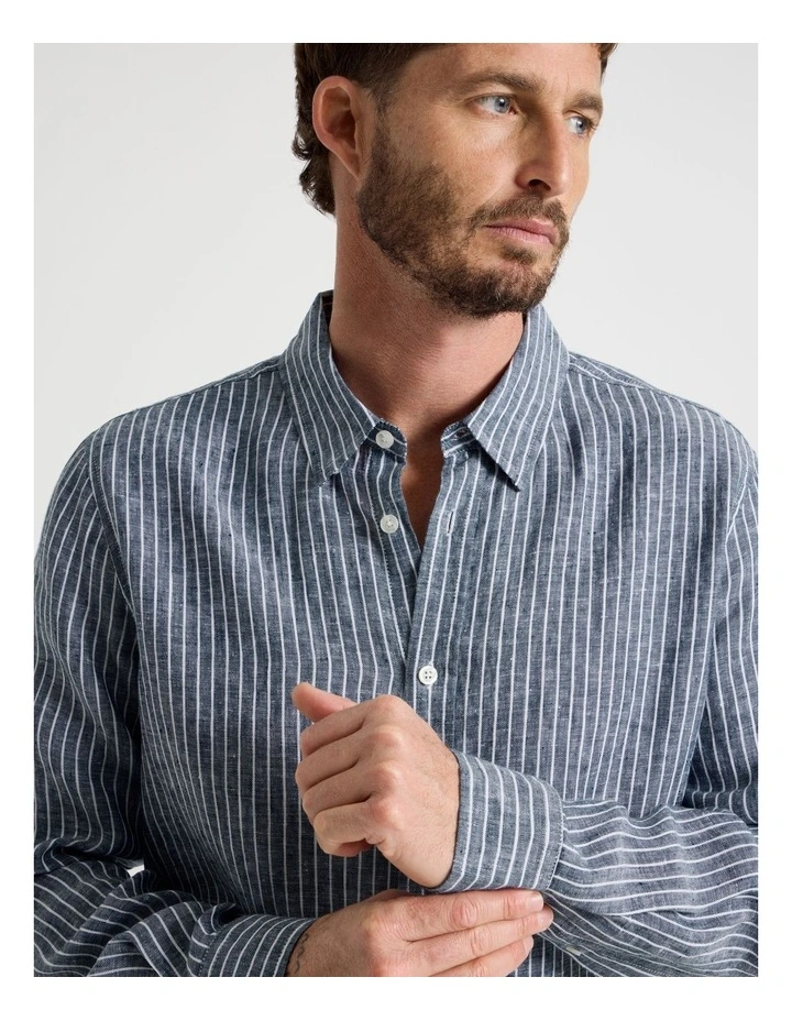 Long Sleeve Linen Shirt in Indigo Stripe image 4