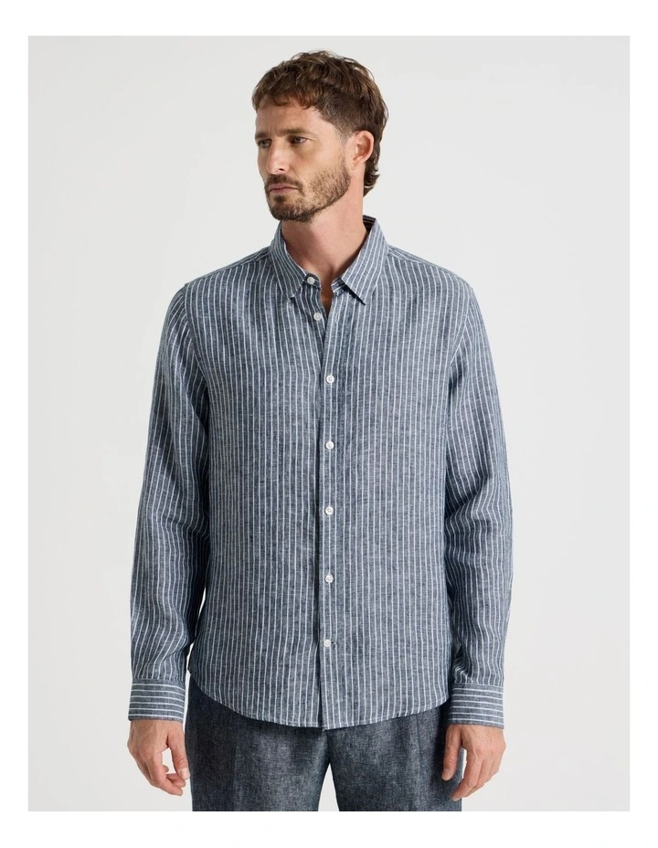 Long Sleeve Linen Shirt in Indigo Stripe image 5