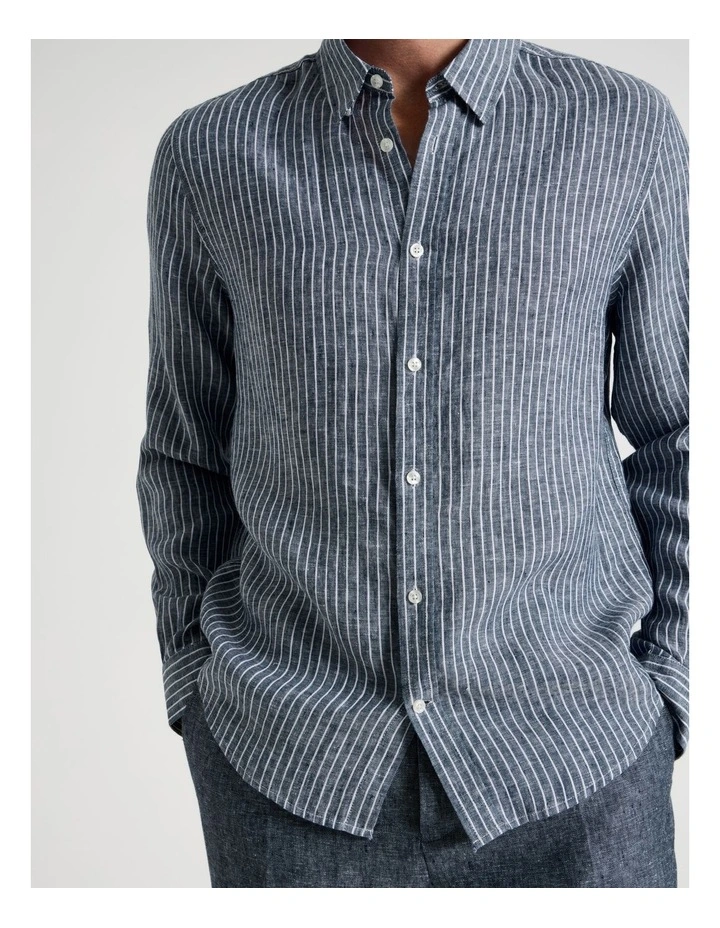Long Sleeve Linen Shirt in Indigo Stripe image 7