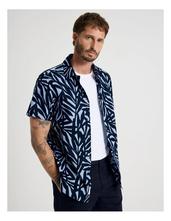 Short Sleeve Shirt in Navy Leaf Print image 1