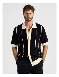 Vertical Tipping Short Sleeve Knit Shirt in Black