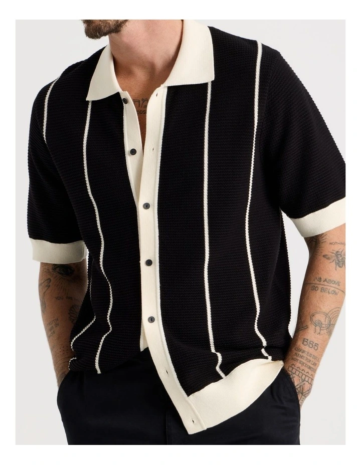 Vertical Tipping Short Sleeve Knit Shirt in Black image 3