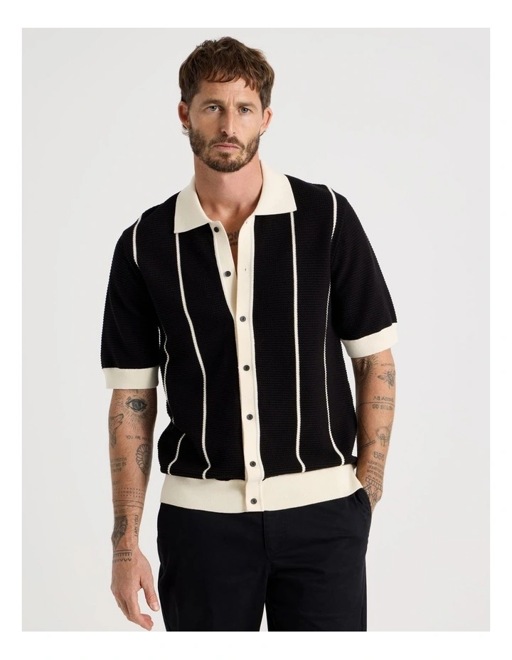 Vertical Tipping Short Sleeve Knit Shirt in Black image 5
