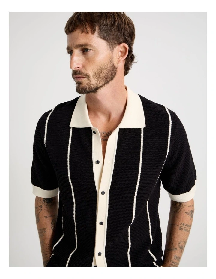 Vertical Tipping Short Sleeve Knit Shirt in Black image 7