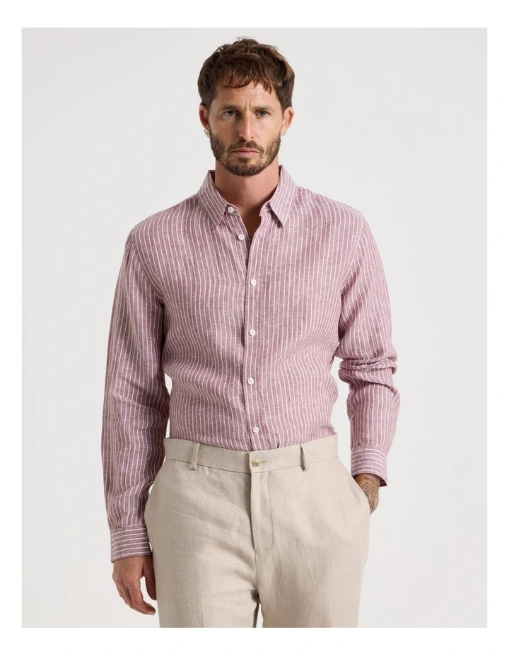 Stripe Long Sleeve Linen Shirt in Rust image 1